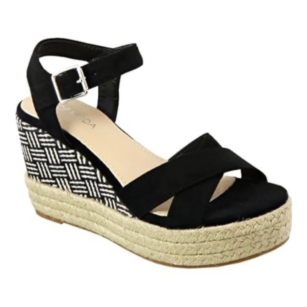 💥TOP MODA Black Geometric-Back Onit Wedge Espadrille💥